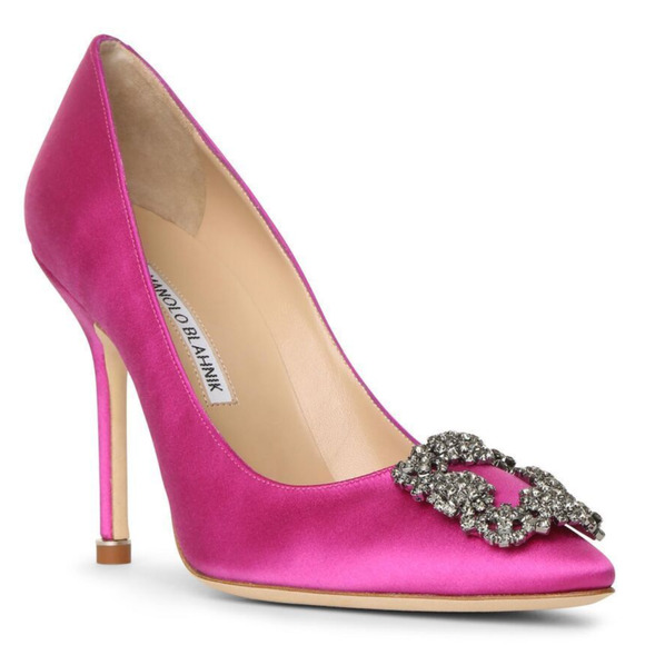 Manolo Blahnik Hangisi 105 Purple Pink Satin Crystal Jewel Buckle Heel Pump 38 - Picture 1 of 13